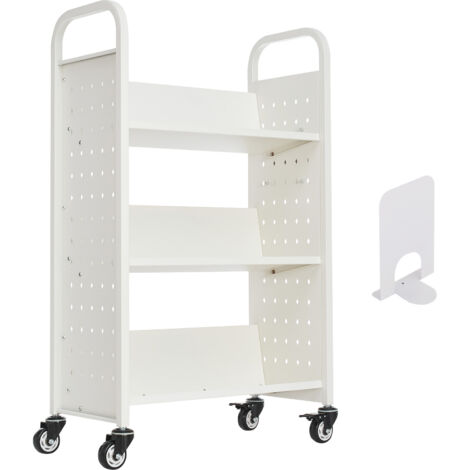 Mophorn Carrello porta libri con ruote, capacità 330 libbre, 30,3 x 15 x 48,0 pollici, con ripiani a V su un solo lato e ruote bloccabili da 3 pollici, adatto per casa, ufficio, scuola, bianco (1/5)