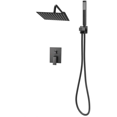 Mophorn Set doccia con sistema a pioggia per bagno, soffione quadrato da 25,4 cm e doccetta, accessori da parete per vasca con valvola in ottone e kit di finitura, colore nero opaco (1/5)