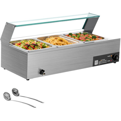 Mophorn Scaldavivande Commerciale Buffet con 3 Contenitori da 1/2, Scaldavivande Elettrico in Acciaio Inox da 1,5 kW con Coperchio in Vetro e Mestolo per Zuppe, Ideale per Catering e Eventi