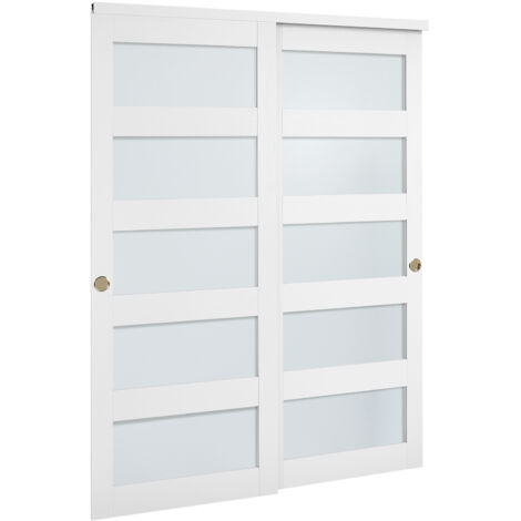 Mophorn Porta scorrevole per armadio, 1524 mm x 2032 mm, in vetro smerigliato a 5 pannelli con kit ferramenta, struttura in legno massello e MDF con rivestimento in PVC resistente all'acqua