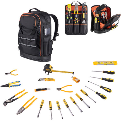 Mophorn Zaino Portautensili con 65 Tasche, Ideale per Attrezzi Pesanti, Zaino da Lavoro con Scomparto per Laptop e Base Rinforzata, Borsa da Cantiere per Elettricisti, Tecnici e Riparatori Nero (1/5)