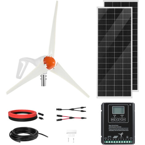Mophorn Kit di Energia Eolica Solare 12V 400W, 2 Pannelli Solari Monocristallini da 100W, Turbina Eolica da 200W, Controller Ibrido MPPT per Applicazioni Fuori Rete, Camper e Barche