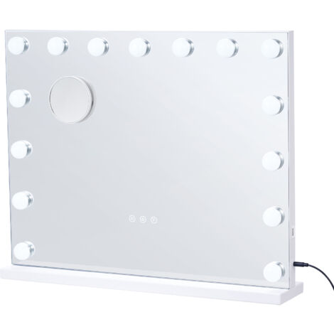 Mophorn Specchio da toeletta Hollywood con luci - 22,8x18,1 pollici, bianco. 15 lampadine dimmerabili, 3 modalità colore. Ingrandimento 5X staccabile. Porta USB. Controllo Smart Touch.