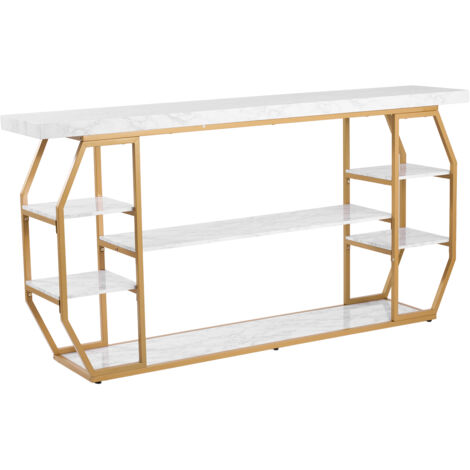 Mophorn Tavolo Consolle in Marmo 180 x 35 x 91 cm con 3 Ripiani per Corridoio e Ingresso, Struttura in Ferro, Sistema Antiribaltamento e Design a Supporto Triangolare per Soggiorno (1/5)