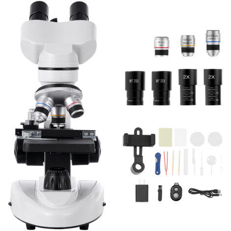 Mophorn Microscopio Binoculare, Kit Microscopio Composto con Ingrandimento 40-2000X, Struttura in Lega di Alluminio,Oculari,Illuminazione LED, Supporto per Smartphone, Ideale per Studenti, Laboratori