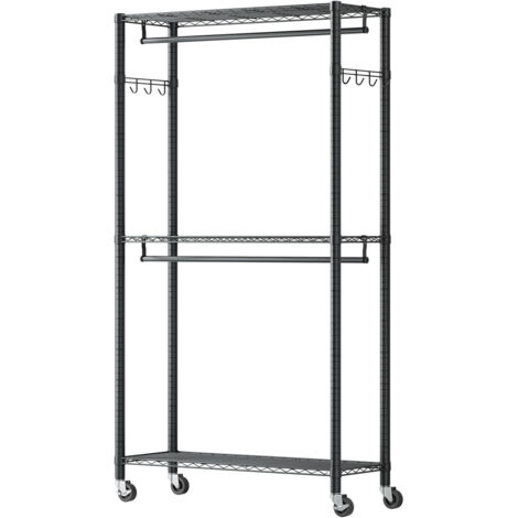 Mophorn Appendiabiti su Ruote Regolabile in Acciaio al Carbonio con 2 Aste, Capacità di Carico di 204 kg, 3 Ripiani e 8 Ganci, Ideale per Camera da Letto, Guardaroba e Corridoio