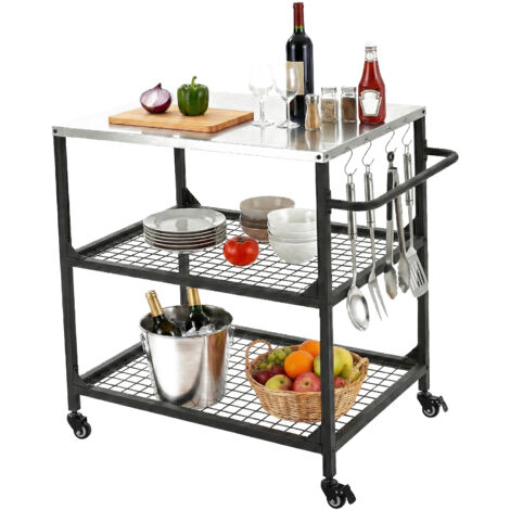 Mophorn Carrello per barbecue da esterno in acciaio inossidabile 800 x 610 mm, dotato di 4 ruote, maniglia laterale e due ripiani in rete, ideale per la preparazione di grigliate in patio e giardino (1/5)