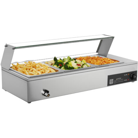 Mophorn Scaldavivande commerciale con coperchio in vetro e 3 contenitori da 1500 W in acciaio inossidabile, ideale per buffet, mantenimento di alimenti caldi a bagnomaria per ristoranti e feste