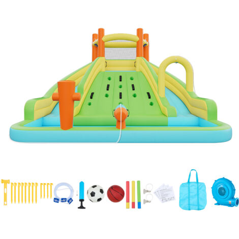 Mophorn Castello Gonfiabile Parco Acquatico per Bambini 405 x 347 x 255 cm da Esterno, Area di Gioco con 2 Scivoli, Parete da Arrampicata, Adatto a 3-4 Bambini di Età Compresa tra 3 e 8 Anni