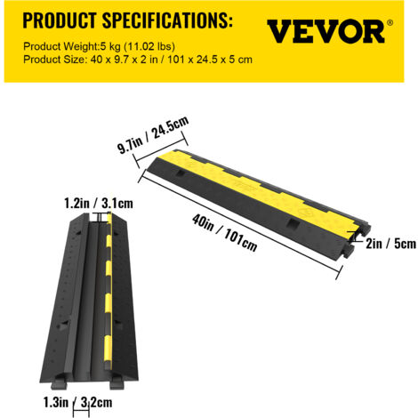 VEVOR Dosso Passacavi 3 Pezzi Passacavo a Pavimento in Gomma con 2 Slot Capacita 5T 1000x250x45mm 2 Canali Cavi Protezione del Cavo