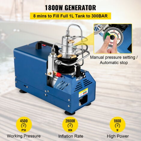 VEVOR Compressore Elettrico ad Alta Pressione 1800W Pompa ad Aria Compressa a Modo di Arresto Automatico 220V con Tubo e Tappo, Adatta per Bombole Subacquee, Carabine PCP, Bombole di Paintball, ecc.