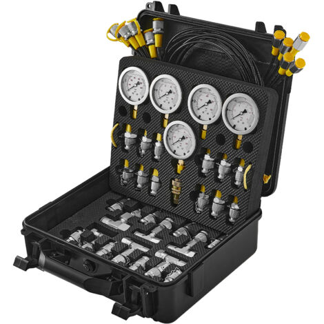 Mophorn Kit di prova della pressione idraulica, 10/100/250/400/600 bar, 5 manometri, 13 giunti, 14 connettori a T, 5 tubi di prova, set di manometri per escavatori con custodia per il trasporto