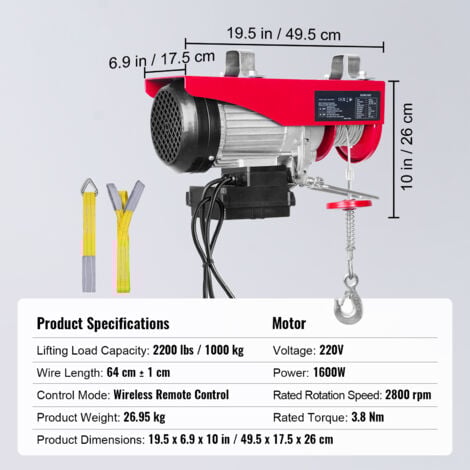 Mophorn Polipasto Electrico Carga de Elevación de 1000kg Polipasto 1600W con Mando a Distancia Inalámbrico 10m/min Altura de Elevación 12m Cable Único Motor de Cobre Puro para Garajes Almacenes