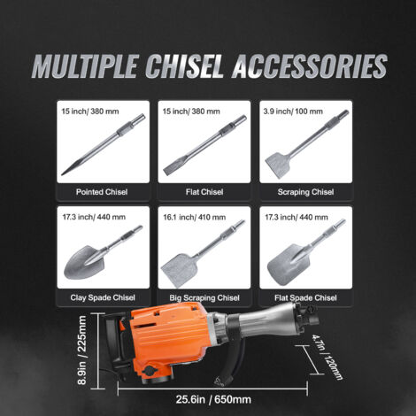 Mophorn Martillo de Demolición 2200W 66J 1350BPM Martillo Electrico con Cable 1-1/8" con 6 Cinceles Reemplazables Mango Giratorio 360° Rompe Hormigón Antivibración para Cincelar Construcción Fontanerí