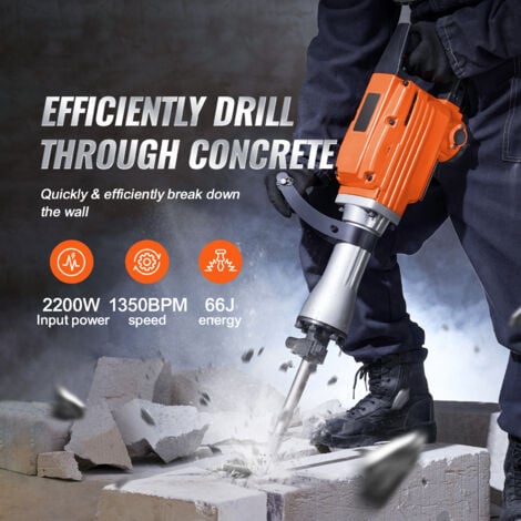 Mophorn Martillo de Demolición 2200W 66J 1350BPM Martillo Electrico con Cable 1-1/8" con 6 Cinceles Reemplazables Mango Giratorio 360° Rompe Hormigón Antivibración para Cincelar Construcción Fontanerí