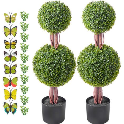 Mophorn - Juego de 2 topiarios artificiales de boj de 48 pulgadas, diseño de doble bola con hojas adicionales, maceta y pequeña decoración. Resistente a los rayos UV para decoración del hogar en