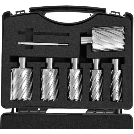 Mophorn Juego de cortadores anulares , 6 piezas de brocas magnéticas con vástago Weldon, profundidad de corte de 2, diámetro de 1 a 2, M2AL HSS, incluye 2 pasadores guía y estuche portátil para taladr (1/5)