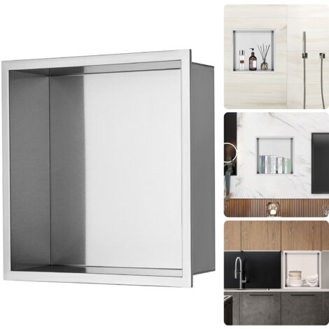 Mophorn Nicho de ducha de 33 x 33 cm, acero inoxidable 304, estante de pared empotrado, resistente al agua y al óxido, almacenamiento moderno, color plateado (1/5)