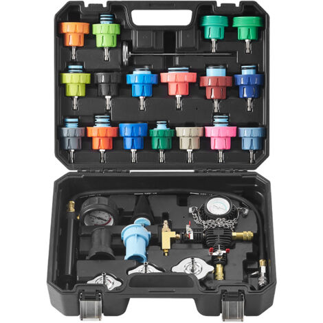 Mophorn Kit de comprobador de presión de radiador de 28 piezas de ,herramienta de recarga de vacío y presión de refrigerante con bomba manual,tapas codificadas por colores para automóviles,12V