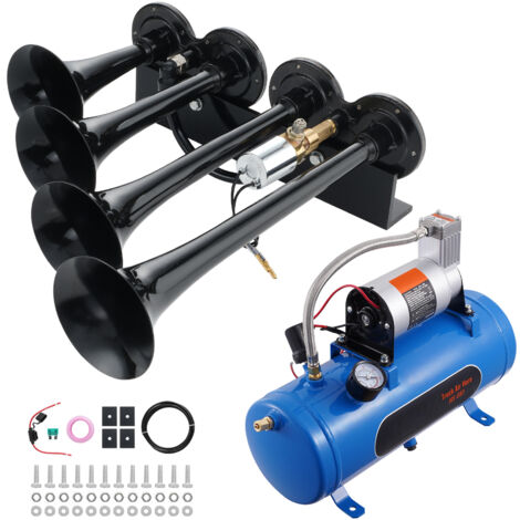 Mophorn Kit de 4 Bocinas de Trompeta Bocina de Automóvil de 150 dB con Compresor de Aire de 90-120 PSI Tanque de Aire de 6 L Bocina de Aire Universal de 12 V para Todos los Vehículos Trenes Barcos Aut