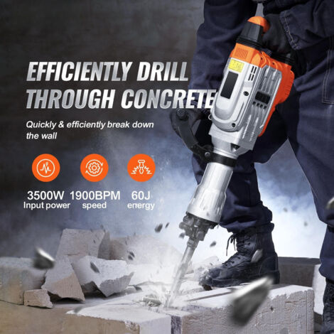 Mophorn Martillo de Demolición 3500W 60J 1900BPM Martillo Electrico con Cable 1-1/8" con 2 Cinceles Reemplazables Mango Giratorio 360° Rompe Hormigón Antivibración para Cincelar Construcción Fontanerí