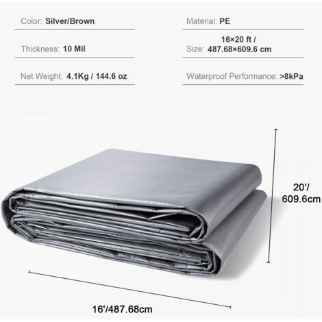 Bâche VEVOR Imperméable PE 4,88 X 6,10 M - 10 Mils, Protection UV, Neuve
