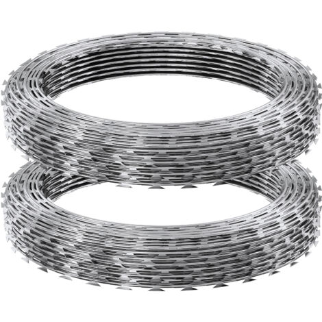 Mophorn Alambre de Espino 30 m 2 Rollos de Alambre de Espino Galvanizado en Caliente Malla de Alambre Protección Anti-Intrusión Cuchillas de Espino Afiladas con Guantes Protectores para Jardín, Balcón