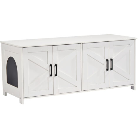Mophorn Muebles de Baño Oculto para 2 Gatos 1,19 x 0,5 x 0,55 m Casa de Inodoro para Gatos con Puertas Decoradas de Ratán Armario de Madera para Ocultar las Cajas de Arena para Gatos, Blanco