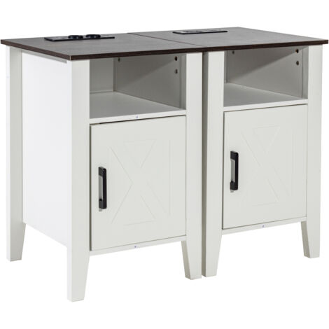 Mophorn Mesa auxiliar estilo granja, juego de 2, mesita de noche cuadrada con puertos USB y tomas de corriente, 3 niveles con armario de almacenamiento y luces LED,dormitorio, oficina, color blanco (1/5)