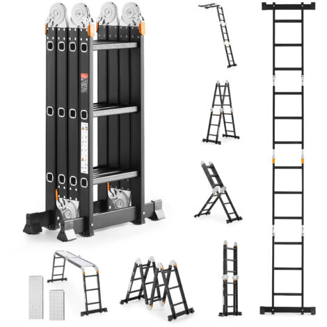 Mophorn Escalera plegable multiusos, escalera extensible alta 7en1, escalera telescópica de 3 escalones con estructura en A y tablones de andamio, escalera resistente de 12pies de altura de alcance.