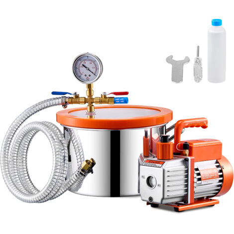 Mophorn Kit de bomba de 3,5 CFM y cámara de vacío de 1,5 galones, acero inoxidable, una etapa, resina desgasificadora, silicona, epoxi, manguera de 4,92 pies
