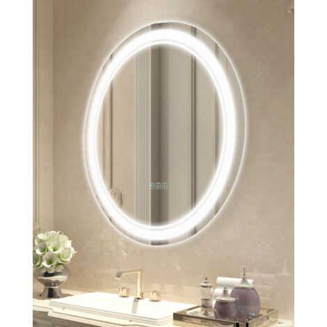 Mophorn Espejo de baño LED - 60 cm redondo, montaje en pared con iluminación frontal y retroiluminada, antivaho, temperatura regulable en 3 colores para un maquillaje y un cuidado impecables