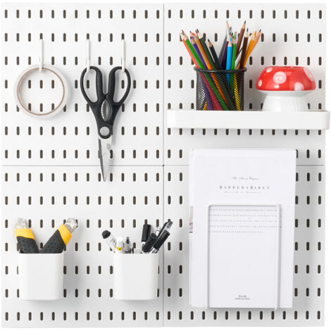 Mophorn Kit de combinación de tablero perforado,tablero perforado de plástico de 11" x 11", 4 paneles, kit organizador de pared con accesorios para garaje, almacenamiento de herramientas, color blanco