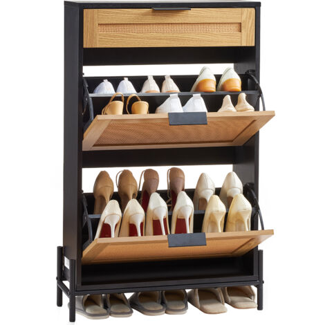 Mophorn Mueble para zapatos de ratán, organizador de almacenamiento estrecho con 2 cajones de ratán abatibles y 1 cajón deslizante, patas de metal, mueble de entrada estrecho, color negro (1/5)