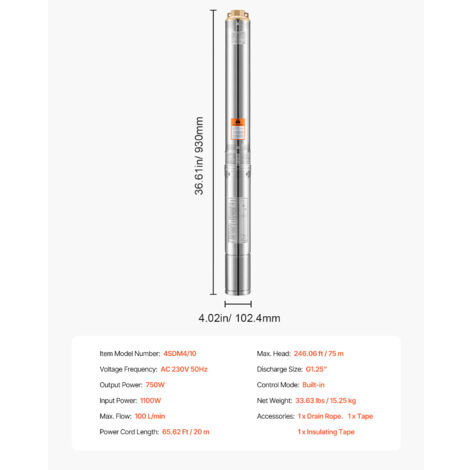Bomba Solar Sumergible Para Pozo Profundo De 24 V, 200 W, Acero Inoxidable, Elevación 30 M, Caudal 1.5 M³/h, Para Riego Y Estanques