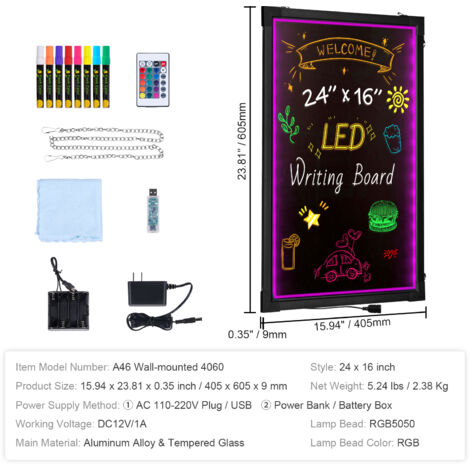 Tablero LED De Escritura Portátil Con Iluminación – Pizarra Luminosa Borrable Para Mensajes Y Dibujos, Incluye Rotuladores De Colores Y Soporte Plegable