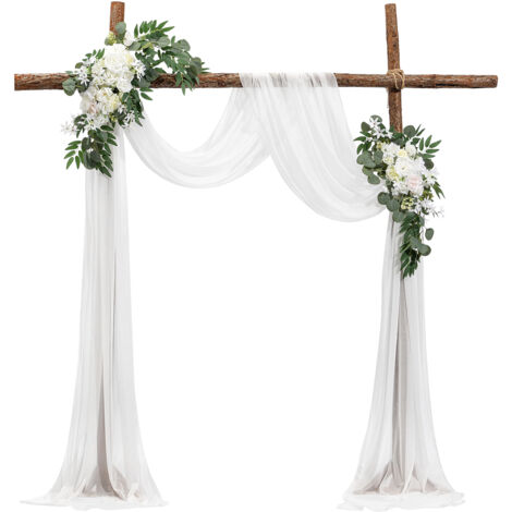 Mophorn Kit de arco de flores artificiales para boda, arco de boda blanco con cortinas, 2 arreglos florales, 1 cortina transparente