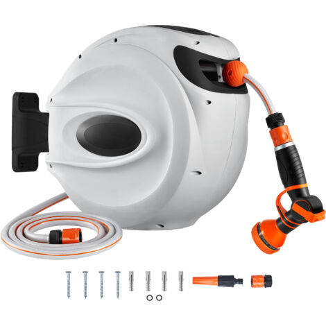 Mophorn Carrete de manguera retráctil, 82 pies x 1/2 pulgada, soporte giratorio de 180° para montaje en pared, manguera de agua para jardín con boquilla de 9 patrones y 3 adaptadores rápidos