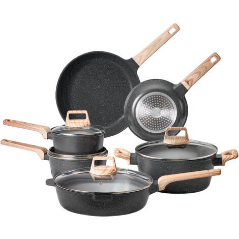 Mophorn Juego de utensilios de cocina antiadherentes de granito de 17 piezas, incluye tapas de vidrio templado y protectores para sartenes, adecuado para estufas, color negro