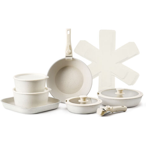 Mophorn Juego de Ollas y Sartenes Antiadherentes con Mango Desmontable, de Inducción, Compacto, para Cocina de Autocaravana, con Tapas de Vidrio Templado para Freír, Salsas y Saltear, Blanco, 17 uds