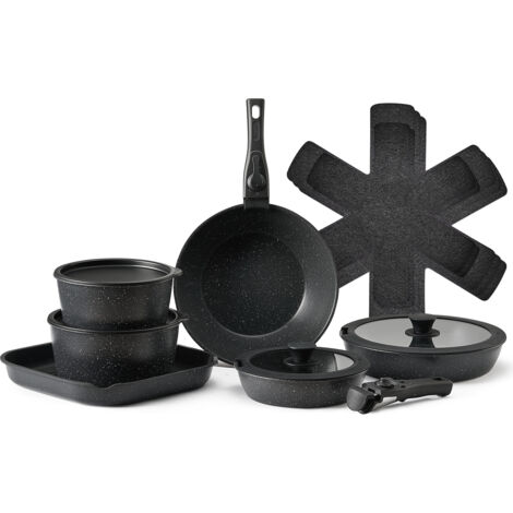 Mophorn Juego de Ollas y Sartenes Antiadherentes de Granito con Mango Desmontable, Utensilios de Cocina de Inducción Compactos, para RV con Freír, Salsas y Saltear, Tapa de Vidrio Templado, Negro