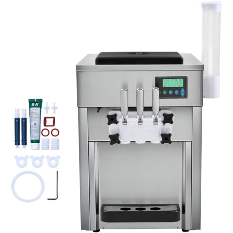 Mophorn Máquina comercial para hacer helados, rendimiento de 21 qt/h, 1800 W, 3 sabores, encimera, 2 tolvas de 4 l, 2 cilindros de 1,8 l, panel LCD, limpieza automática, preenfriado