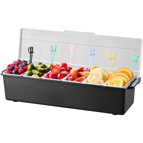 Mophorn Servidor de condimentos refrigerado con 6 compartimentos, diseñado con tapa para mantener guarniciones frescas, dimensiones: 503 x 165 x 117 mm