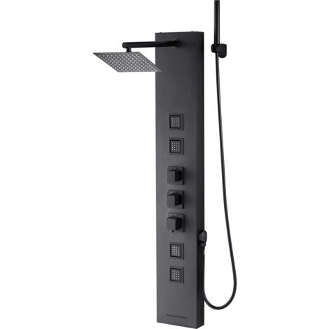 Mophorn Sistema de ducha tipo torre con columna de acero inoxidable, diseño de lluvia, 4 funciones, masaje de pared, chorros corporales, ducha de mano y caño para bañera, color negro