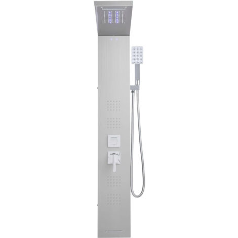 Mophorn Sistema de Ducha 5 en 1 con Panel Tipo Torre y Cabezal de Lluvia con LED, Columna de Ducha de Acero Inoxidable Cepillado, Grifo Multifuncional con Caño Manual y para Bañera