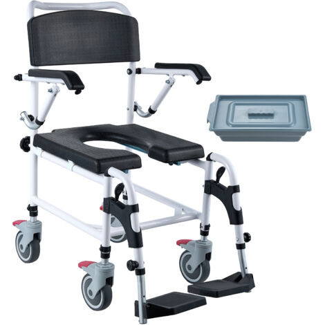 Mophorn Silla de ruedas para inodoro con 4 ruedas de bloqueo, reposapies, brazos plegables altura ajustable 3 niveles cubo extraíble de 5 litros capacidad de 350 libras para adultos y personas mayores