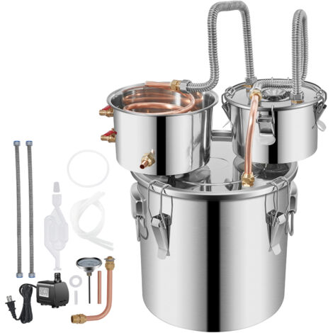 Mophorn Destilador de alcohol ilegal de 3 galones, destilador de agua de acero inoxidable de 12 l con tubo de cobre, bomba de circulación, termómetro para whisky, vino, brandy y licores caseros (1/5)