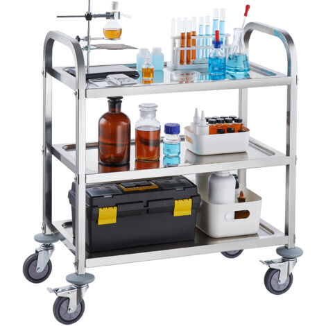 Mophorn Carro de acero inoxidable , carro utilitario de laboratorio de 3 niveles con capacidad de 400 libras, carro médico con ruedas bloqueables para laboratorio, clínica, cocina, salón