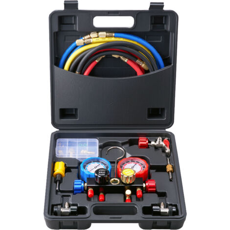 Mophorn Juego de manómetros de CA de 4 vías : manómetro múltiple para refrigerante R134A R22 R12 R410A, incluye mangueras de 5 pies, acopladores, grifo para carga y evacuación automática de freón (1/5)
