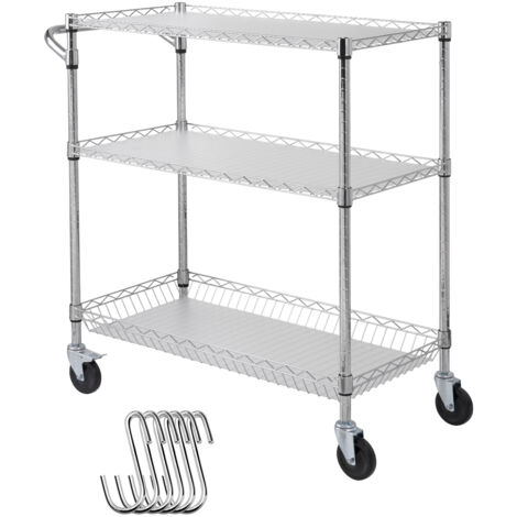Mophorn Carro de almacenamiento para utensilios de cocina de 3 niveles, carro de alambre con capacidad de 300 kg, carro de servicio con cesta de 80 mm de profundidad, 6 ganchos, 88,9 x 45,7 x 90,2 cm (1/5)